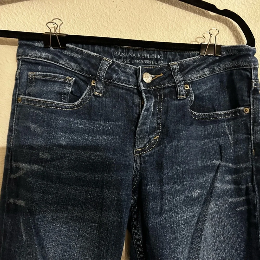 Banana Republic Size 2 Classic Straight Leg Dark Wash Distressed Jeans - Picture 2 of 6